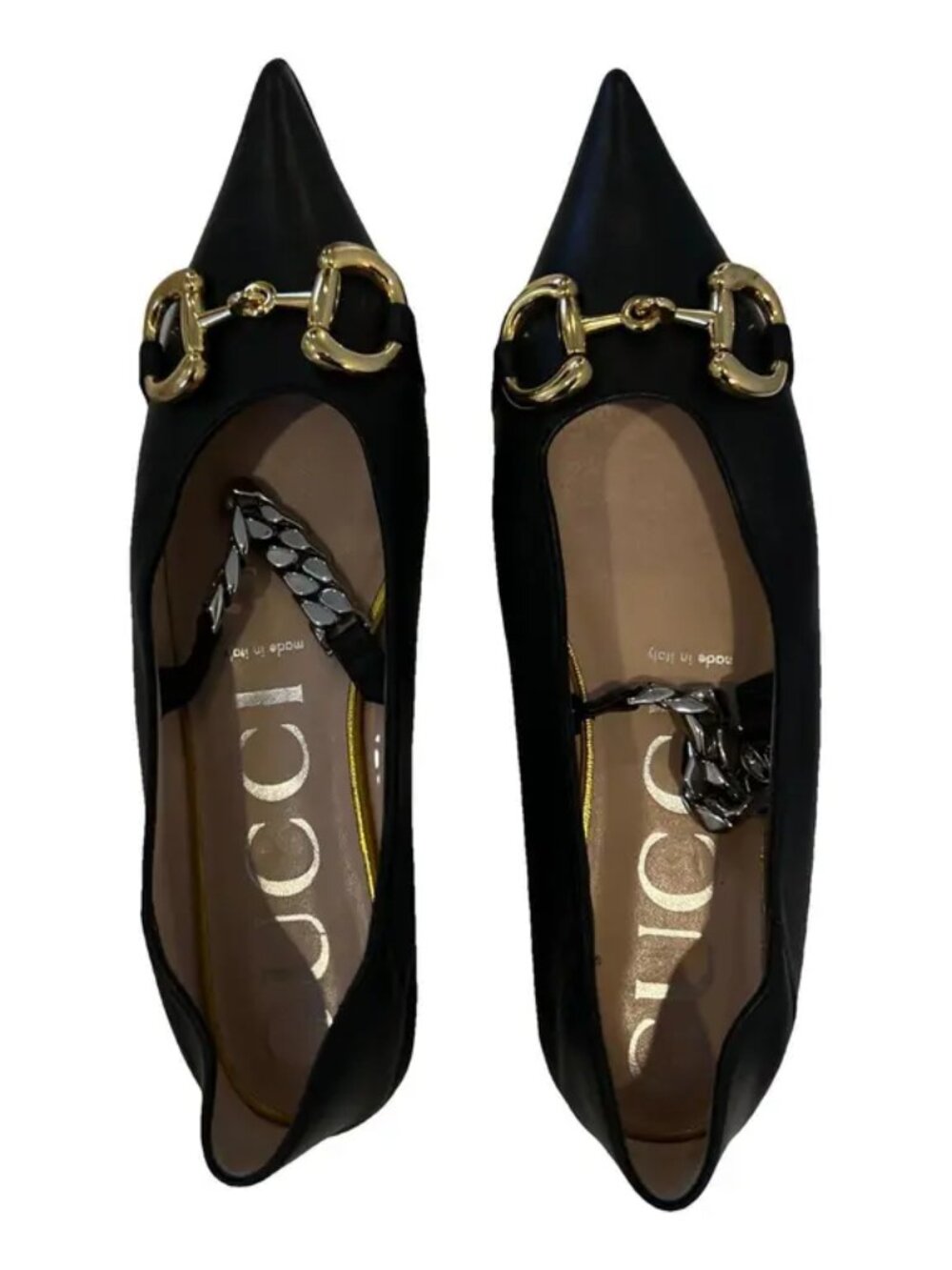Gucci Women’s Black Leather Pointed Toe Flats – Gold Horsebit Detail - Picture 1 of 4